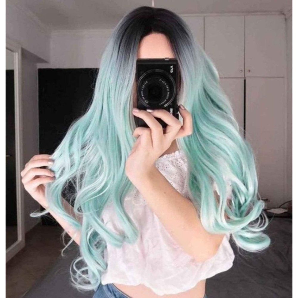 Black to mint green ombre wig, long wavy synthetic